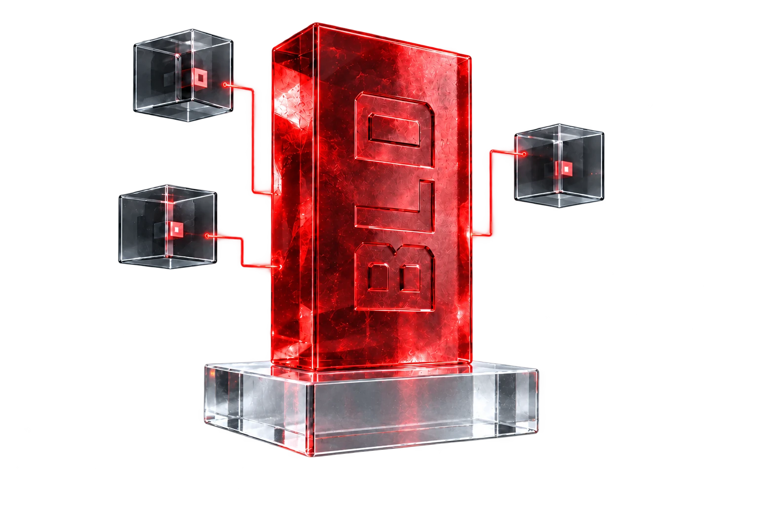 A red glass BLD monolith on a transparent pedestal, connected to three conceptual validator nodes.
