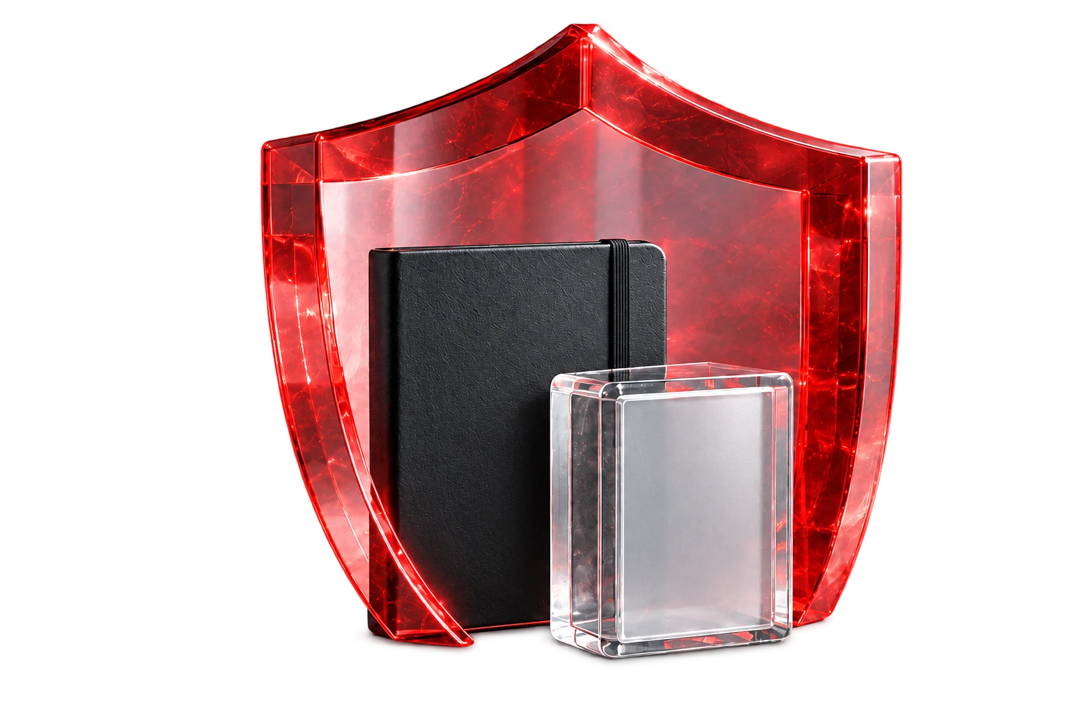 A red glass shield around a closed notebook and a sealed archive block, representing careful review and offline recovery.